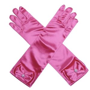 Fuchsia satijnen handschoenen van de Souza!-prinsessenjurk, met lange manchetten, strikken en parels op de polsen.