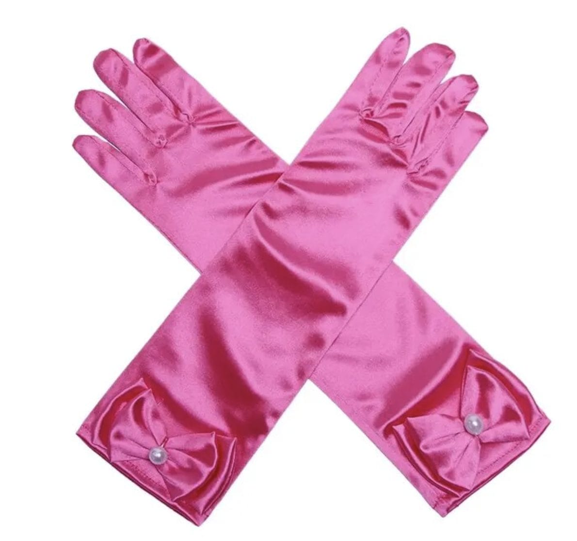 Fuchsia satijnen handschoenen van de Souza!-prinsessenjurk, met lange manchetten, strikken en parels op de polsen.