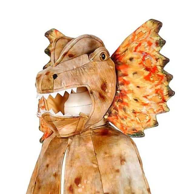 Souza! Dilophosaurus dino cape met dinosauruskop, open bek, tanden en een oranje gevlekte kraag.