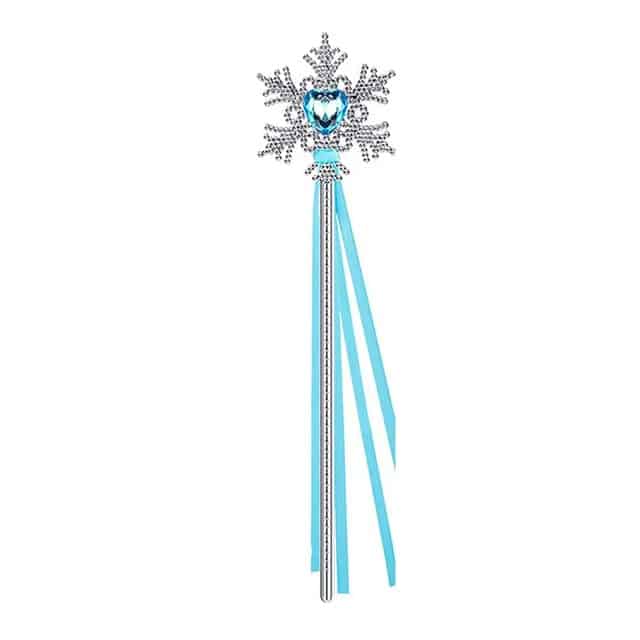 Blauwe Frozen toverstaf met zilveren sneeuwvlok, blauw hart en lange satijnen linten.