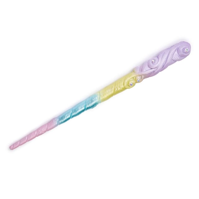 Magische Unicorn toverstaf in pastelroze, blauw, geel en lila, met reliëf en glinsterende steentjes