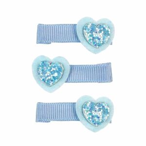 Drie lichtblauwe haarclips met vilten hartjes en glinsterende blauwe hartjes van Souza!