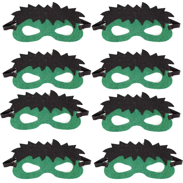 Acht groene Hulk maskers met zwart haar en elastiek, gerangschikt in vier rijen op een witte achtergrond