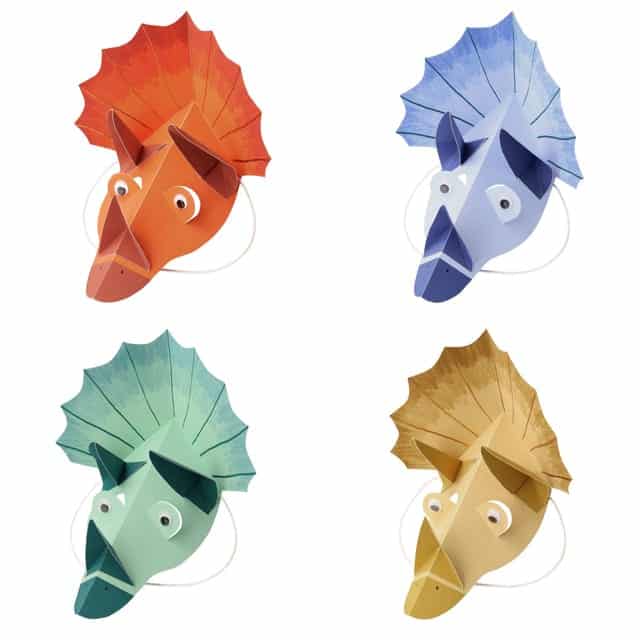 Vier kleurrijke dino feestmutsen van papier met beweegbare oogjes en elastiek, in oranje, blauw, groen en geel