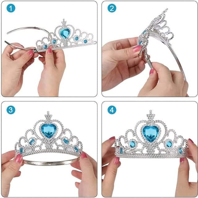 Zilver-paarse prinsessentiara met blauwe hartsteen, door handen vastgehouden en in vier stappen getoond.
