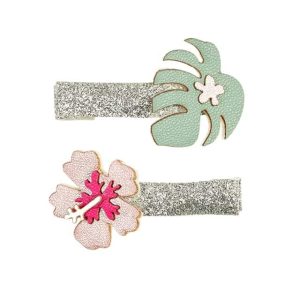 Set van twee Haarclips Meline met zilveren glitterband en groene en roze Hawaiibloemen van Souza!