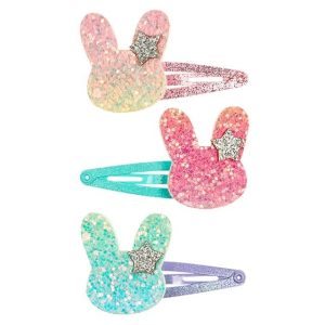 Drie glitterhaarclips met pastelkleurige konijntjes, sterren en gekleurde sluitingen uit de Souza! haarclips Fenna-set.
