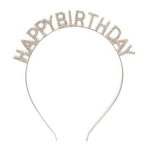 Zilverkleurig Happy Birthday diadeem met fonkelende kristalletters en een smalle metalen band.
