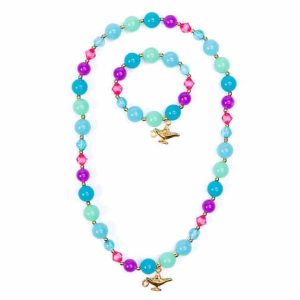Jasmine ketting en armband met turquoise, paarse en roze kralen en gouden toverlampbedels