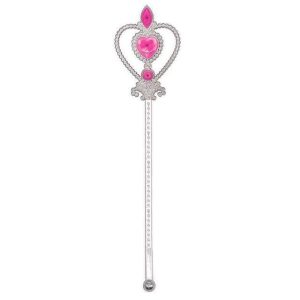Zilveren prinsessen toverstaf met fuchsia hart en sierlijke kroonvormige versiering