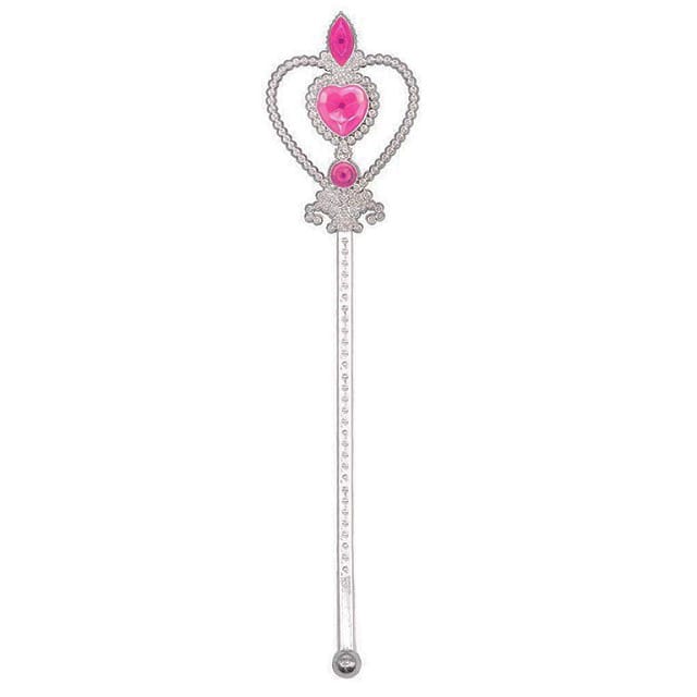 Zilveren prinsessen toverstaf met fuchsia hart en sierlijke kroonvormige versiering