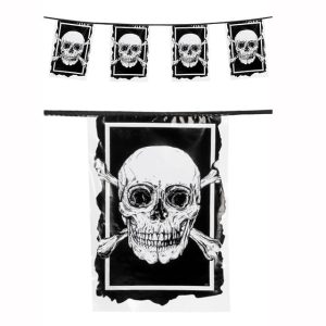 Zwarte vlaggenlijn skelet met meerdere vlaggetjes met witte schedels, geschikt voor een Halloween kinderfeestje.