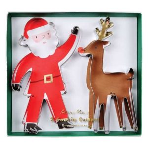 Verpakking met twee Meri Meri kerst koekjes uitstekers in de vorm van de kerstman en een rendier