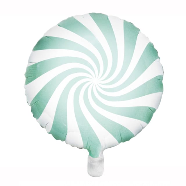 Mintgroene candy folieballon met wit spiraalpatroon, rond afgebeeld tegen een witte achtergrond