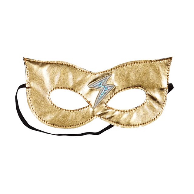 Goudkleurig Souza! superheldenmasker met een zilverkleurige bliksemschicht en zwart elastiek
