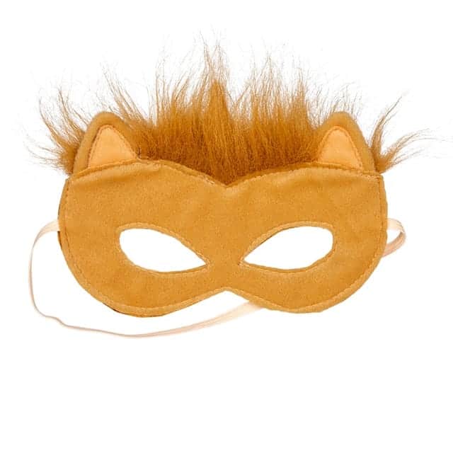 Bruin leeuwenmasker van zacht velours met pluizige manen, leeuwenoren en elastisch koord