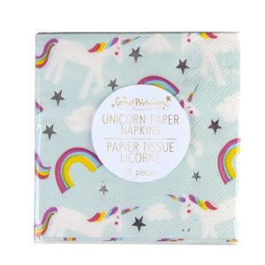 Unicorn servetten van Great Pretenders in een pak van 20, met eenhoorns, regenbogen en sterren op lichtblauwe achtergrond