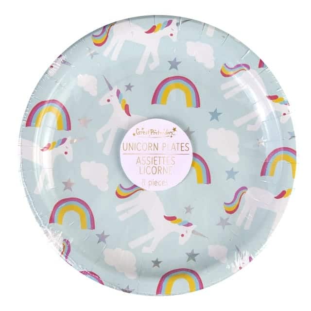 Lichtblauw unicorn partybordje van Great Pretenders met witte eenhoorns, regenbogen en glanzende sterren