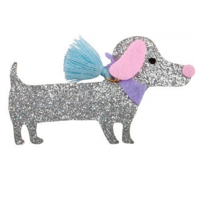 Hondje als glitterende haarclip met roze oren en neus, paarse strik en blauwe kwastjes