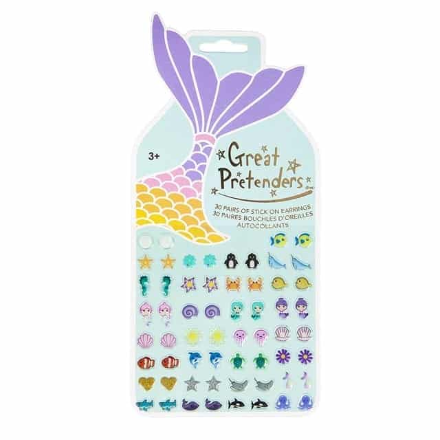Verpakking met 30 paar zeemeermin oorstickers van Great Pretenders, met kleurrijke zeedieren en schelpen