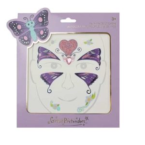 Gezichtstickers Butterfly Fairy van Great Pretenders met paarse vlinders, een hart en kleine bloemmotieven in de verpakking