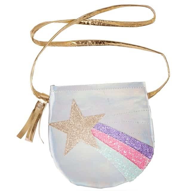 Shiny Rainbow Star schoudertasje kind van wit glanzend kunstleer met gouden ster, regenboogglitters en gouden hengsel