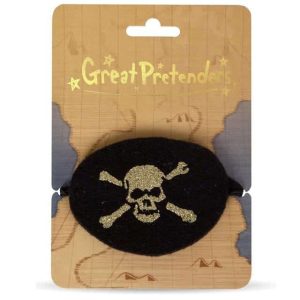 Zwart piraten ooglapje van vilt met gouden doodshoofdprint op een kartonnen kaart van Great Pretenders