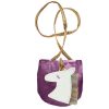 Paarse eenhoorn tas met wit glinsterend hoofd, gouden hoorn, regenboogmanen en een lange gouden schouderband.