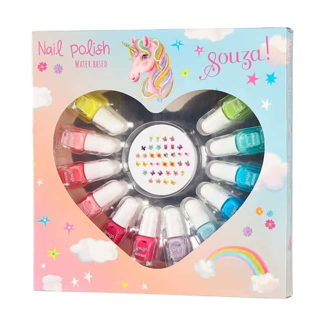 Geschenkset nagellak met 12 gekleurde flesjes en nagelstickers in een doos van Souza!
