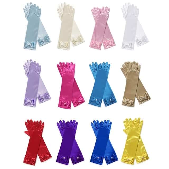 Satijnen handschoenen met strik in twaalf kleuren, waaronder roze, wit, lila, blauw, rood en goud.