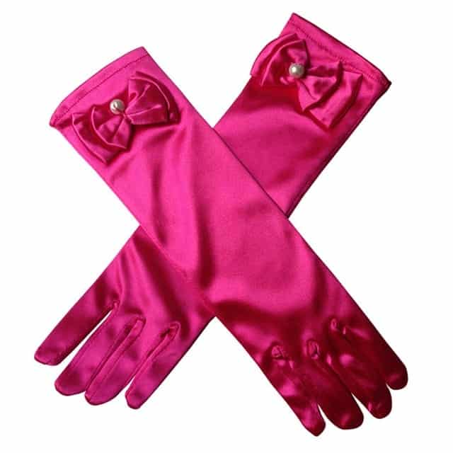 Glanzende roze handschoenen met strikjes, als accessoire bij de Great Pretenders elfjesjurk met vleugels.