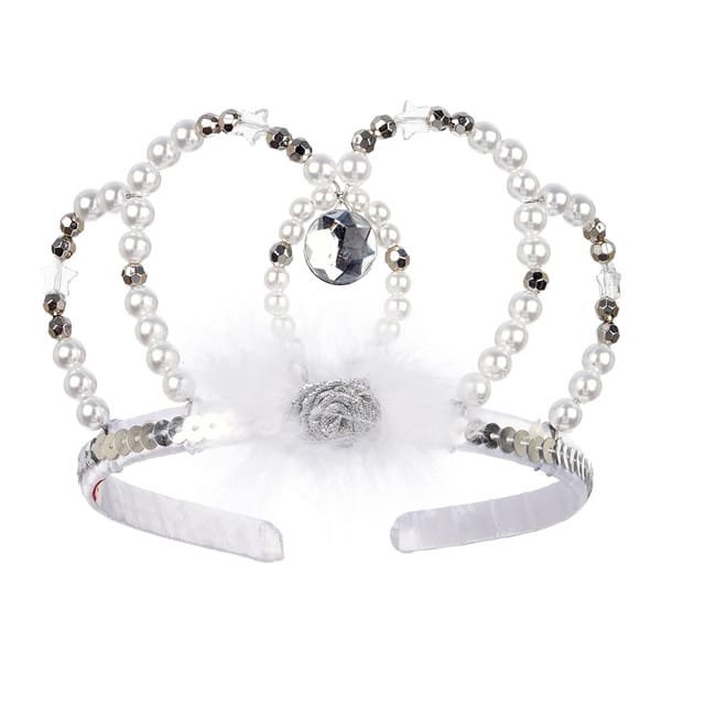 Zilveren tiara van Liberty met witte parels, pailletten, een kristal en een zilveren roosje op een witte haarband