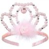 Roze kroon met parels, lichtroze pluche en satijnen roosje op een flexibele haarband.