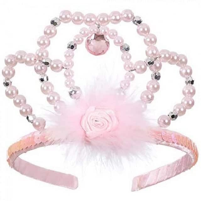 Roze kroon met parels, lichtroze pluche en satijnen roosje op een flexibele haarband.
