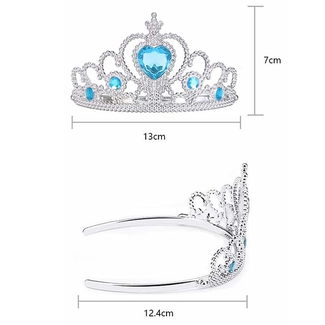 Zilveren prinsessen kroon met blauwe hartvormige steen, afgebeeld van voren en opzij met afmetingen