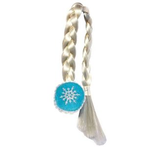 Losse Frozen vlecht van 53 cm met twee blonde vlechten en een ronde blauwe haarclip met sneeuwvlok