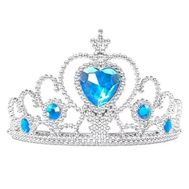 Blauw-zilveren prinsessen kroontje met groot blauw hart en fonkelende sierstenen, vrijstaand op een witte achtergrond