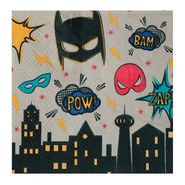 Detail van een Superhero servet met Batmanmasker, POW!- en BAM!-kreten, kleurrijke bliksemschichten en een donkere skyline