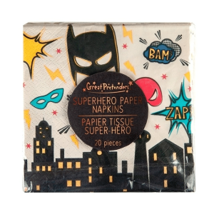Superhero servetten van Great Pretenders met Batmanmasker, stripkreten en een donkere stadsachtergrond, verpakt per 20 stuks