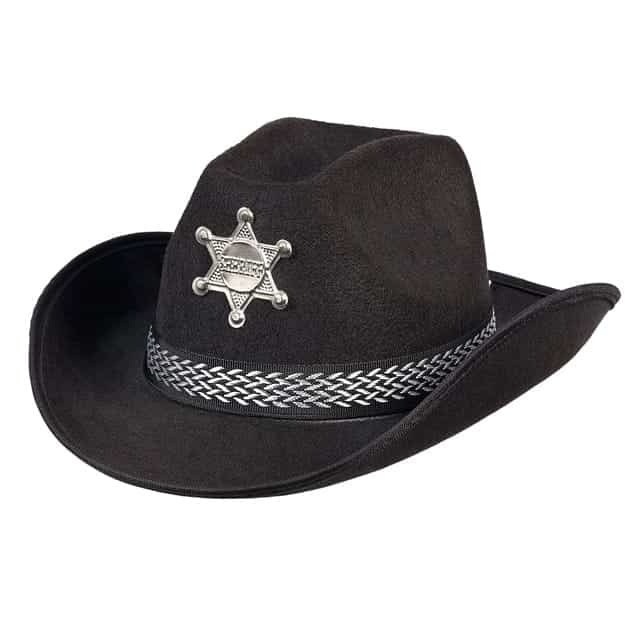Zwarte cowboyhoed Sheriff Austin met zilveren sheriffster en gevlochten band, een kinderhoed van Souza!