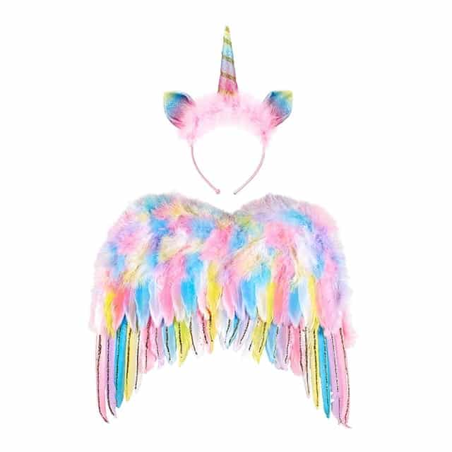Eenhoorn set met kleurrijke unicorn vleugels en een haarband met oren en hoorn, versierd met zachte veren en glitters