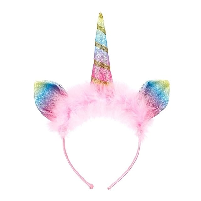 Souza! haarband unicorn met roze pluizenrand, kleurrijke oren en een gestreepte glitterhoorn
