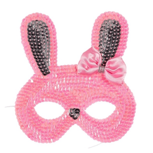 Roze konijn masker met zwarte pailletjes in de oren, een satijnen strik en een klein zwart neusje