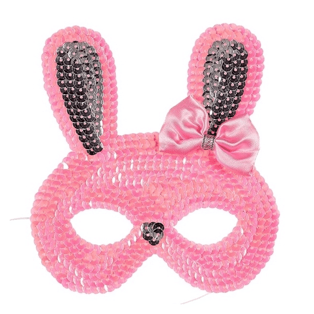 Roze konijn masker met zwarte pailletjes in de oren, een satijnen strik en een klein zwart neusje
