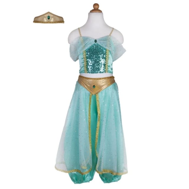 Mintgroen Jasmine Aladdin kostuum met gouden details, pofbroek, tule overslagrok en losse tiara op een paspop.