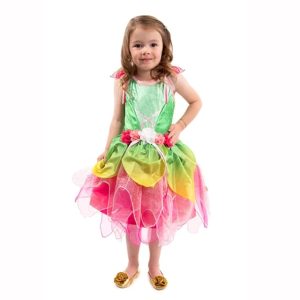 Meisje draagt de Little Adventures Springtime Fairy, een kleurrijke fairy jurk met groene top en roze, gele rok