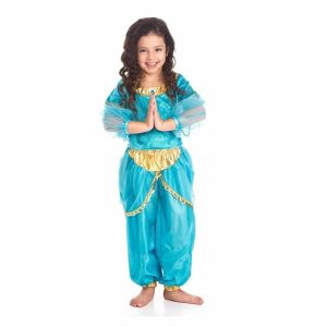 Meisje draagt het aquablauwe Jasmine kostuum van Little Adventures met gouden details en een wijde pofbroek.
