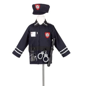 Vierdelige verkleedset politie met donkerblauw politiepak, pet, handboeien en knuppel, gepresenteerd op een paspop.