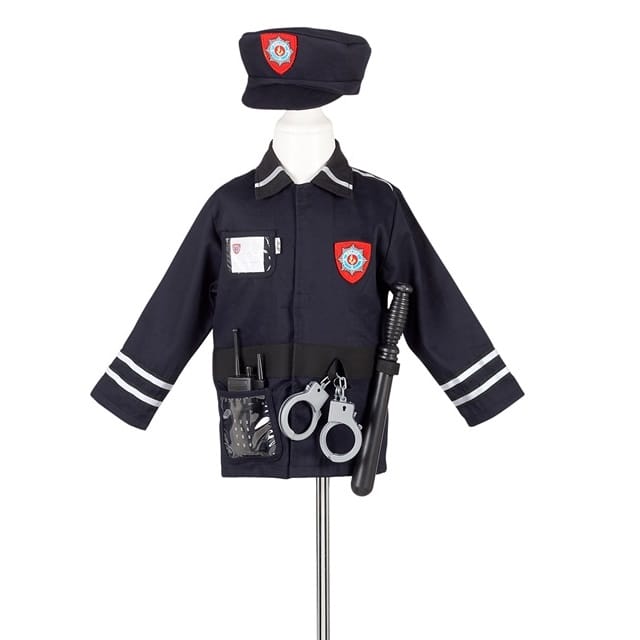 Vierdelige verkleedset politie met donkerblauw politiepak, pet, handboeien en knuppel, gepresenteerd op een paspop.