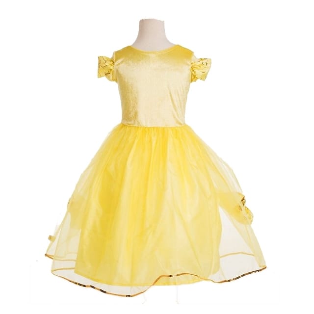 Gele Belle jurk voor kinderen met glanzende top, korte mouwen en een wijduitlopende rok van organza